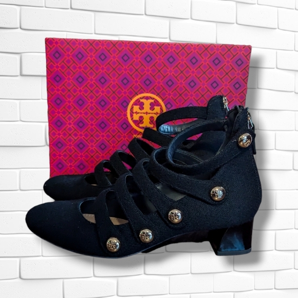 Tory Burch Marisa 40 mm Strappy Pumps Military Gold Buttons Royal Navy Size 8 - Picture 2 of 10